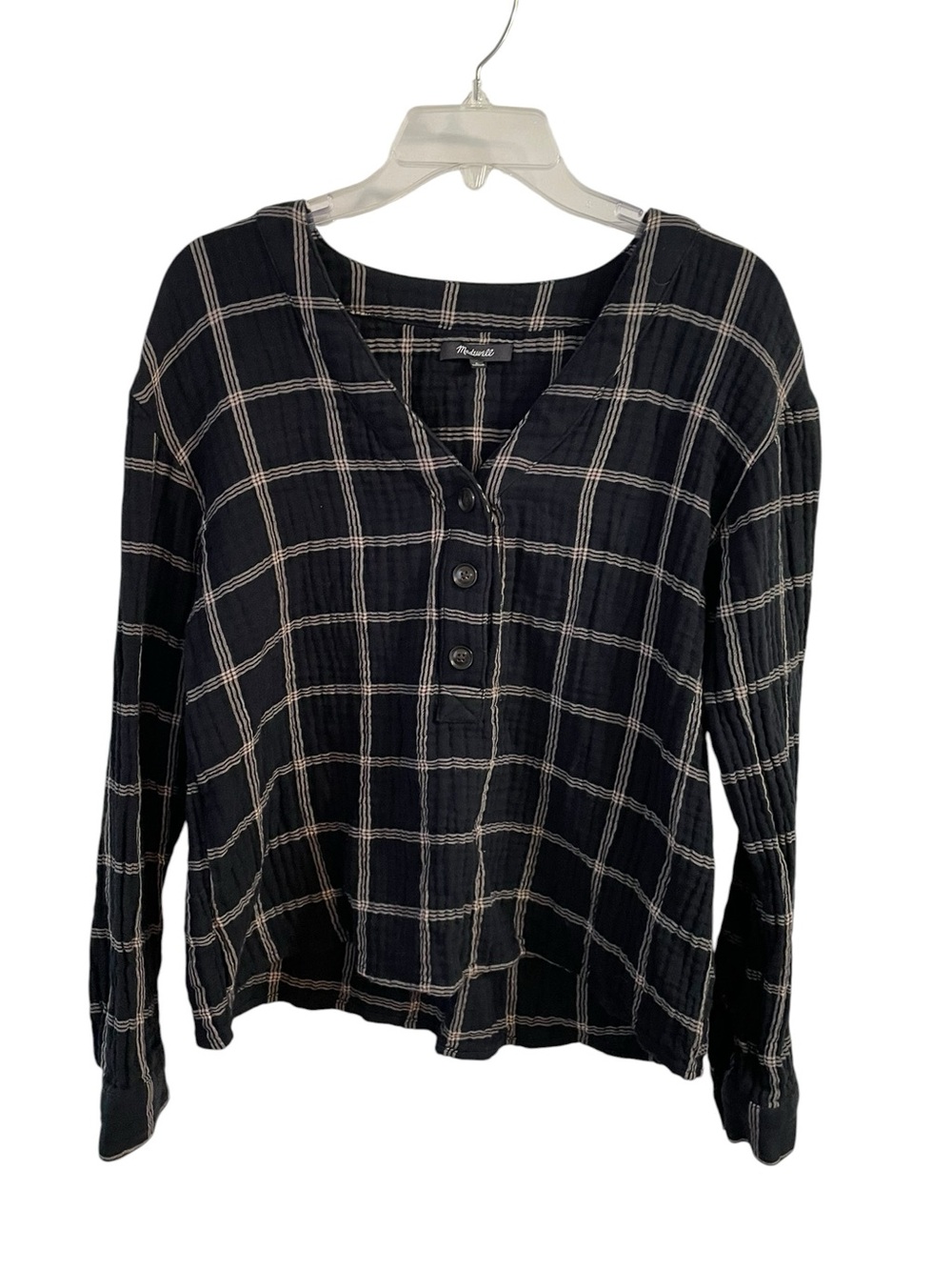Madewell Black Plaid Cotton Gauze Henley Top Large Windowpane Check